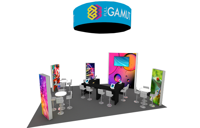 30' Springfield Backlit Island Rental w/ Demo Areas & Hanging Structure (RT87488)