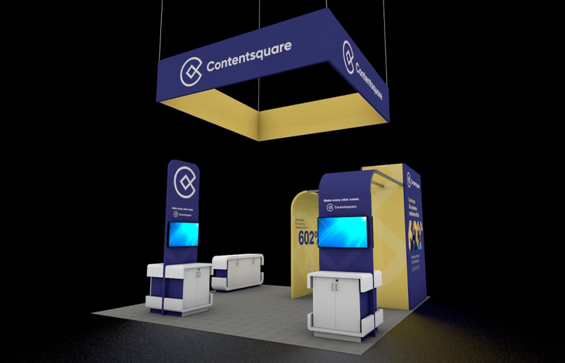 20' x 20' Custom Island Exhibit w/ Hanging Sign and Interactive Kiosks (ID0563)