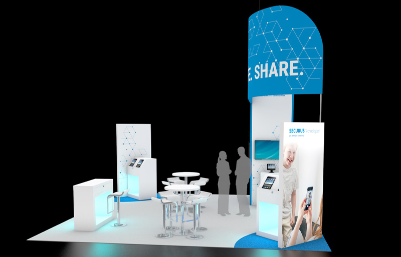 20' x 20' Custom Island Exhibit w/ Architectural Wall and HaloLit Product Kiosks (ID0564)