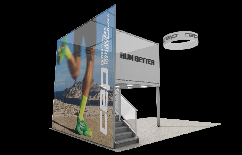 20' x 30' Double-Deck Island Exhibit with Hanging Sign (ID0581)