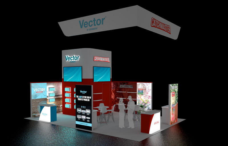 20' x 30' Product Island Exhibit w/ Media Storage Tower and BackLit Kiosks (ID0582)