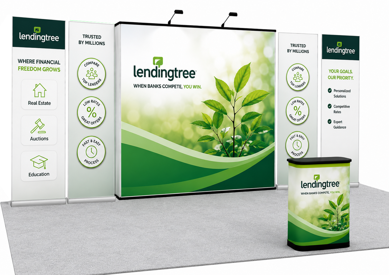 20' Portable Scalable Instand Exhibit w/ RollOne Counter and Banner Stands (ID5406)